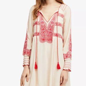 Wind Willow Mini Peasant Dress XS Red and Cream‎ Tassels